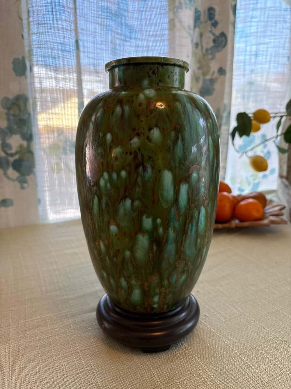 Vintage Ceramic Glaze Vase with Wooden Stand Green Teal